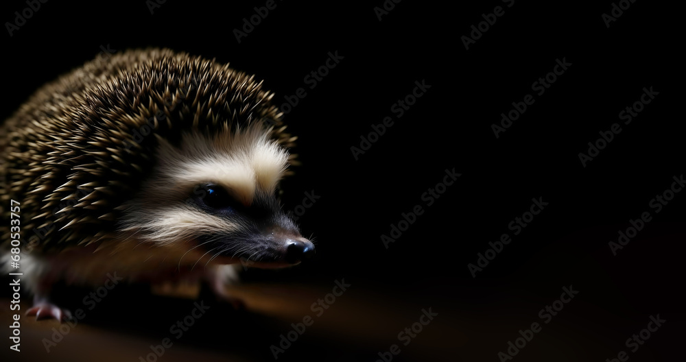 Fototapeta premium hedgehog on a black background, a forest animal. artificial intelligence generator, AI, neural network image. background for the design.