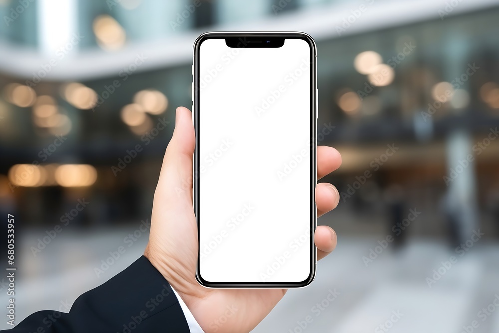 Generative AI : Close-up of a businessman hand holding a smartphone white screen is blank the background is blurred.Mockup. Generative AI : Close-up of a businessman hand holding a smartphone white screen is blank the background is blurred.Mockup.