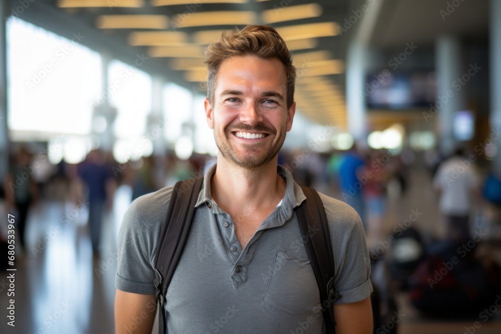 Portrait of a grinning man in his 30s sporting a breathable hiking shirt against a bustling airport terminal background. AI Generation Portrait of a grinning man in his 30s sporting a breathable hiking shirt against a bustling airport terminal background. AI Generation