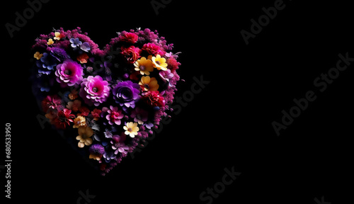 a heart of multicolored flowers on a black background. Valentine's Day, love, February 14. artificial intelligence generator, AI, neural network image. background for the design.