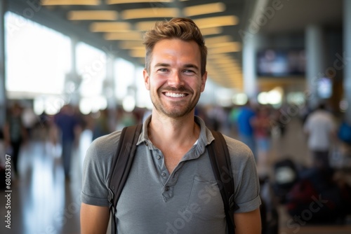 Portrait of a grinning man in his 30s sporting a breathable hiking shirt against a bustling airport terminal background. AI Generation