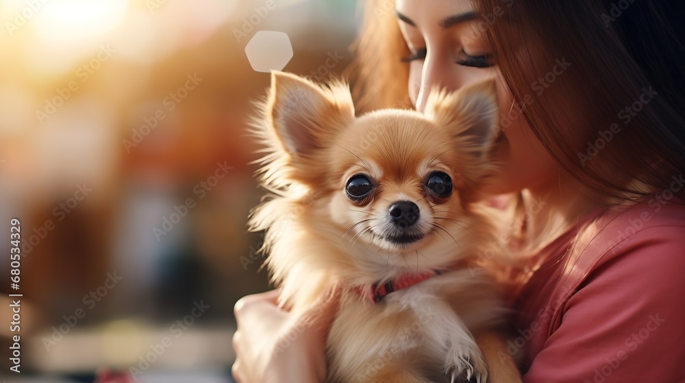 Generative AI : woman playing with her chihuahua dog at pet friendly cafe Generative AI : woman playing with her chihuahua dog at pet friendly cafe