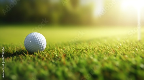 Generative AI : golf ball close-up in soft focus at sunlight. Sport playground for golf club