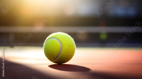 Generative AI : Tennis ball and racket on hard court under sunlight.