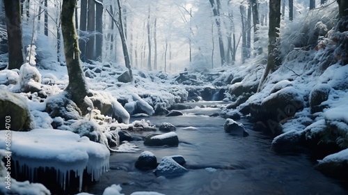 Generative AI : Winter time in forest, partially frozen stream and snow covered trees, photo