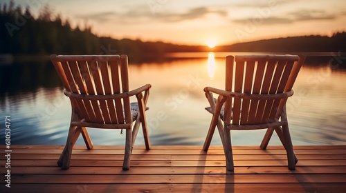 Generative AI : Two wooden chairs on a wood pier overlooking a lake at sunset photo