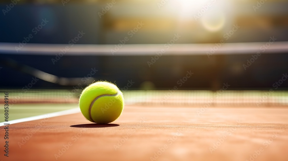 Generative AI : Tennis ball and racket on hard court under sunlight.