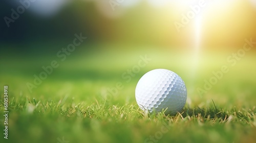 Generative AI : golf ball close-up in soft focus at sunlight. Sport playground for golf club