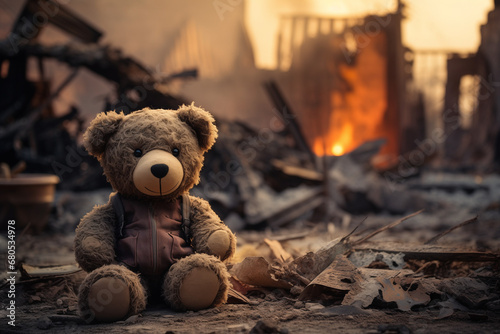 Teddy bear in ruins of house. Destruction of building after fighting, war, earthquake, natural disaster. Child poverty concept