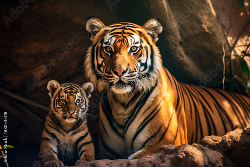 Tigress and tiger cub in the jungle, lovely moment. photo