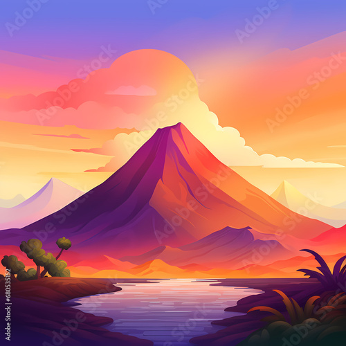a sunset behind a volcano