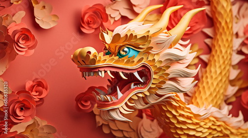 Chinese New Year, year of dragon concept, paper craft golden dragon creative modern style Chinese new year background. © Sunday Cat Studio