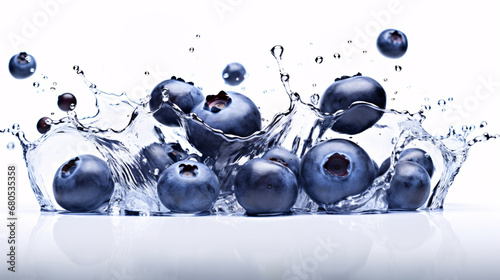 Fresh and delicious blueberry fruits and water splashing isolated on white background, close up shot.