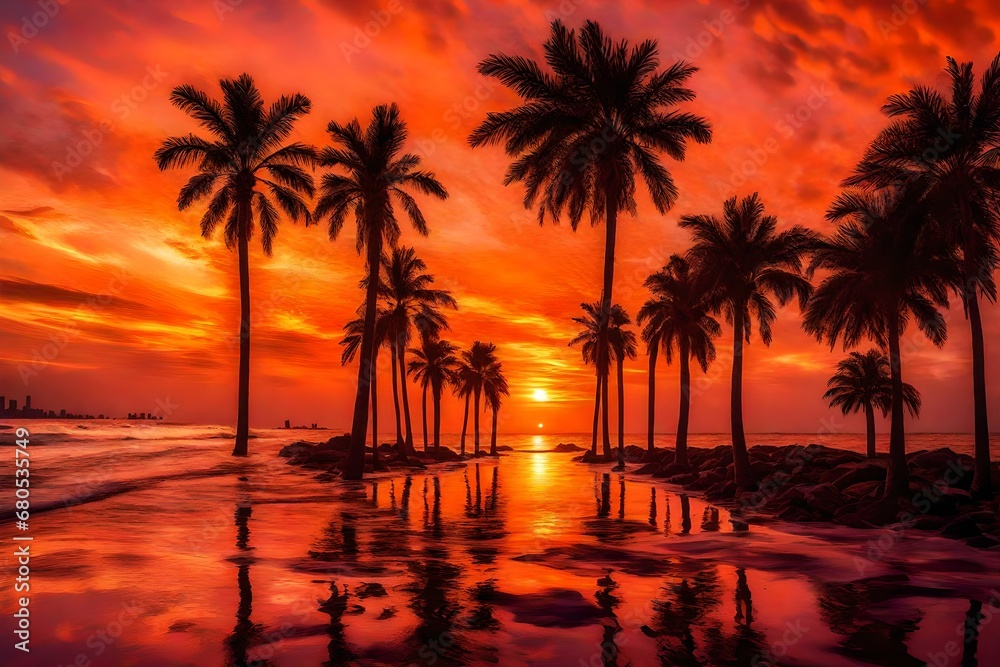 sunset on the beach with orange sky