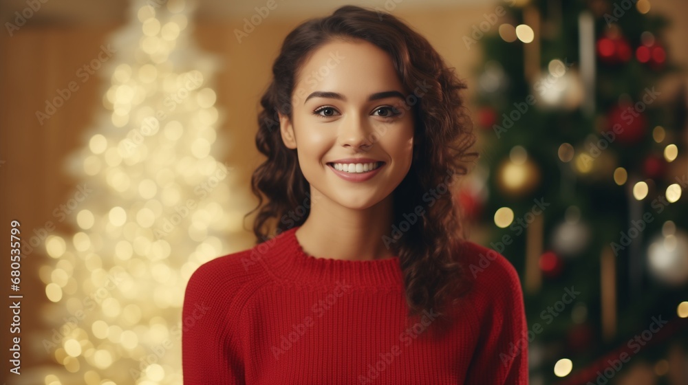 Smiling brunette woman in red knitting sweater over christmas background Smiling brunette woman in red knitting sweater over christmas background