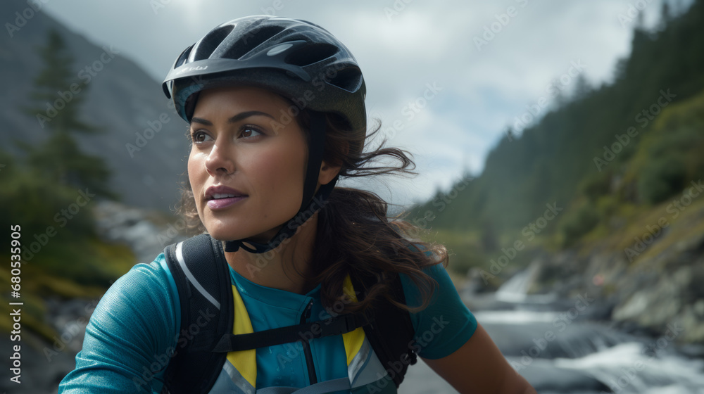 Spirited young woman in a resolute pose against the backdrop of nature's splendor. Spirited young woman in a resolute pose against the backdrop of nature's splendor.