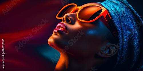 A woman with sunglasses, featuring sharp and vivid colors with luminous hues.