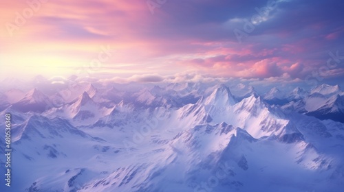 A Tranquil Mountain Landscape with Dramatic Sky and Sunrise generated by AI tool 