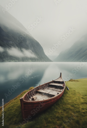 illustrazione di barca per la pesca tirata in secco, paesaggio verdeggiante di un fiordo tra alti monti e nebbie autunnali