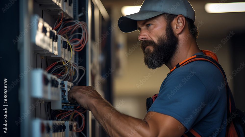 man commercial electrician at work on a fuse box, adorned in safety gear man commercial electrician at work on a fuse box, adorned in safety gear
