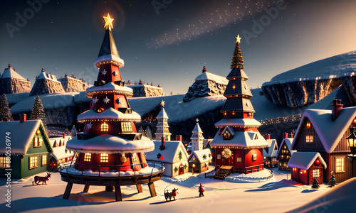 A busy Santa Village for Christmas. Fantasy and dreamy views of Santa Village. Generative AI