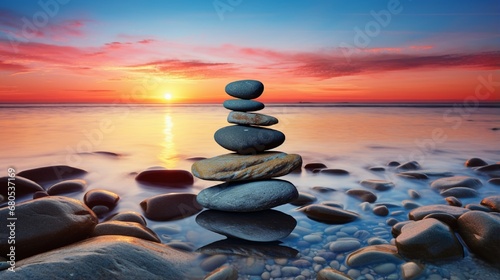 Tranquil Sunset Beach with Balancing Rocks and Reflection generated by AI tool