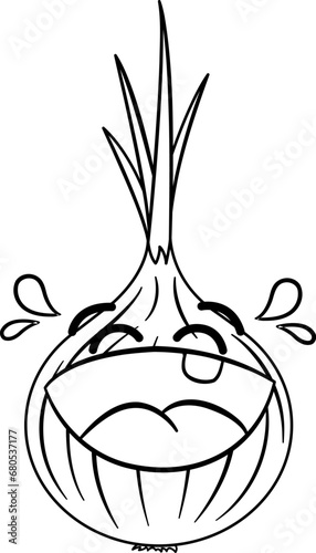 Laughing Face Onion for Coloring Page. Vector Illustration of Funny Cartoon Character. Tears of happiness