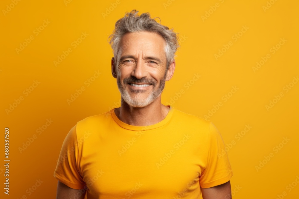 Portrait of a glad man in his 50s donning a trendy cropped top against a soft yellow background. AI Generation Portrait of a glad man in his 50s donning a trendy cropped top against a soft yellow background. AI Generation