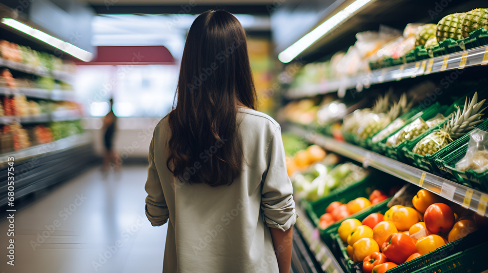 woman shopping for groceries fruits and vegetables in a grocery supermarket store aisle