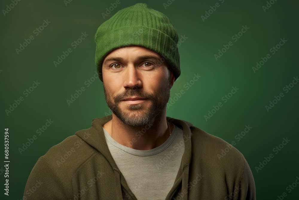 Portrait of a tender man in his 30s sporting a trendy beanie against a soft green background. AI Generation