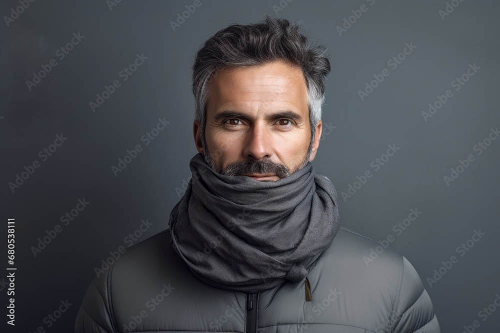 Portrait of a blissful man in his 40s wearing a protective neck gaiter against a soft gray background. AI Generation Portrait of a blissful man in his 40s wearing a protective neck gaiter against a soft gray background. AI Generation