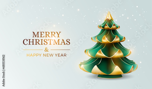 Merry Christmas and Happy New Year card with beautiful Christmas tree and snow on light green background. Golden color Christmas holidays wishes text. Vector illustration