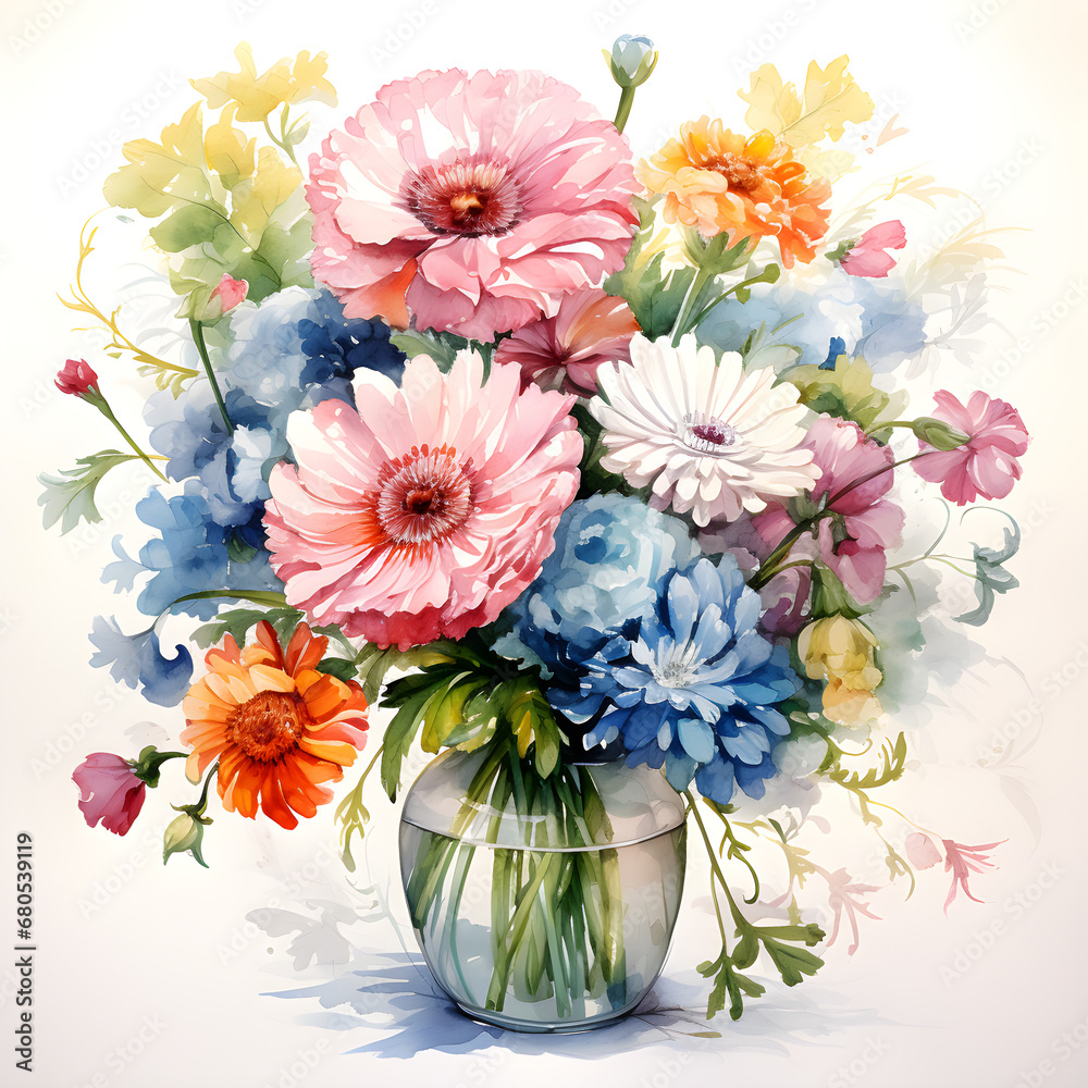 Obraz premium Carnations, Peonies, Gerbera Daisies, Hydrangeas, Flowers, Watercolor illustrations