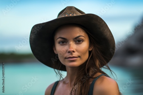 Portrait of a content woman in her 30s wearing a rugged cowboy hat against a beautiful lagoon background. AI Generation © CogniLens