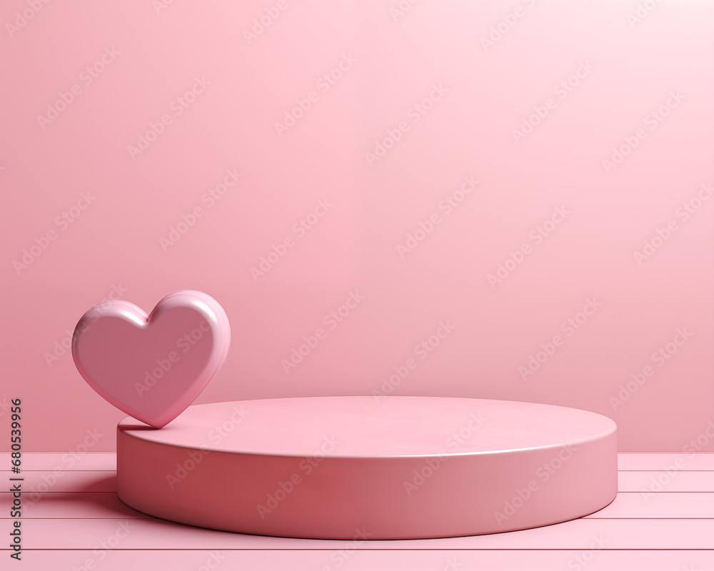 Tender Pink Abstract Podium with Heart Element and Soft Pink Background for Showcasing and Promoting Products in Valentine's Day Themed Presentation and Promotion