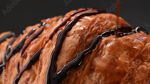 Dark chocolate is poured onto a French croissant with chocolate filling. photo