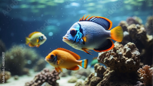 Beautiful colorful sea fish live in an aquarium among various algae and corals. Rare fish species in the aquarium. 