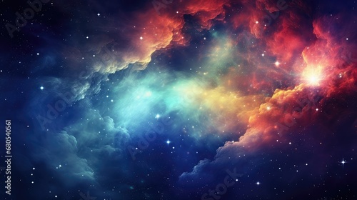 Space with countless stars, pink, red, blue and purple nebulae, galaxies, abstract cosmic background © Katya