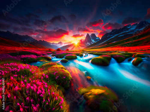 Beautiful spring landscape with snow-capped peaks and colorful flowers