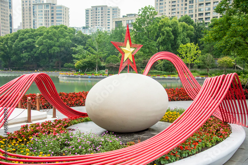 Shanghai China 11th Jun 2023: the statue of egg and a red star in front of Site of the First National Congress of the Chinese Communist Party.  It is located in the historical shikumen buildings. photo