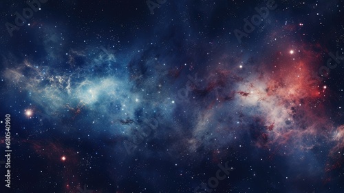 Space with plenty of stars, red, blue nebulae, galaxies, abstract cosmic background