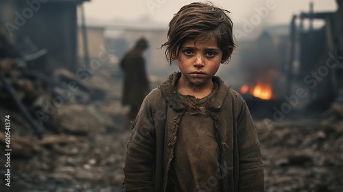 A fragile child with sunken cheeks, standing in a dusty village, encapsulating the harsh reality of hunger-stricken lives.