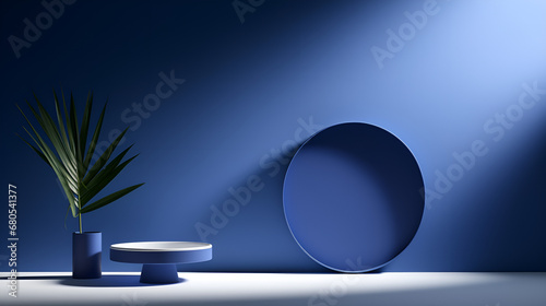 Round Blue Podium on abstract background..AI Generative 