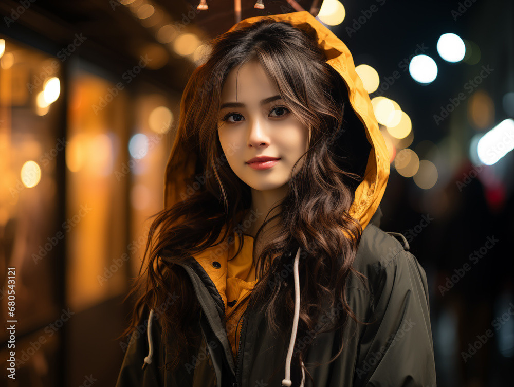 A pretty girl of mixed Asian-European appearance on an evening street.