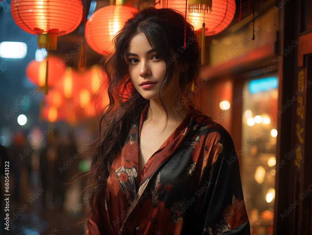 A pretty girl of mixed Asian-European appearance on an evening street. A pretty girl of mixed Asian-European appearance on an evening street.