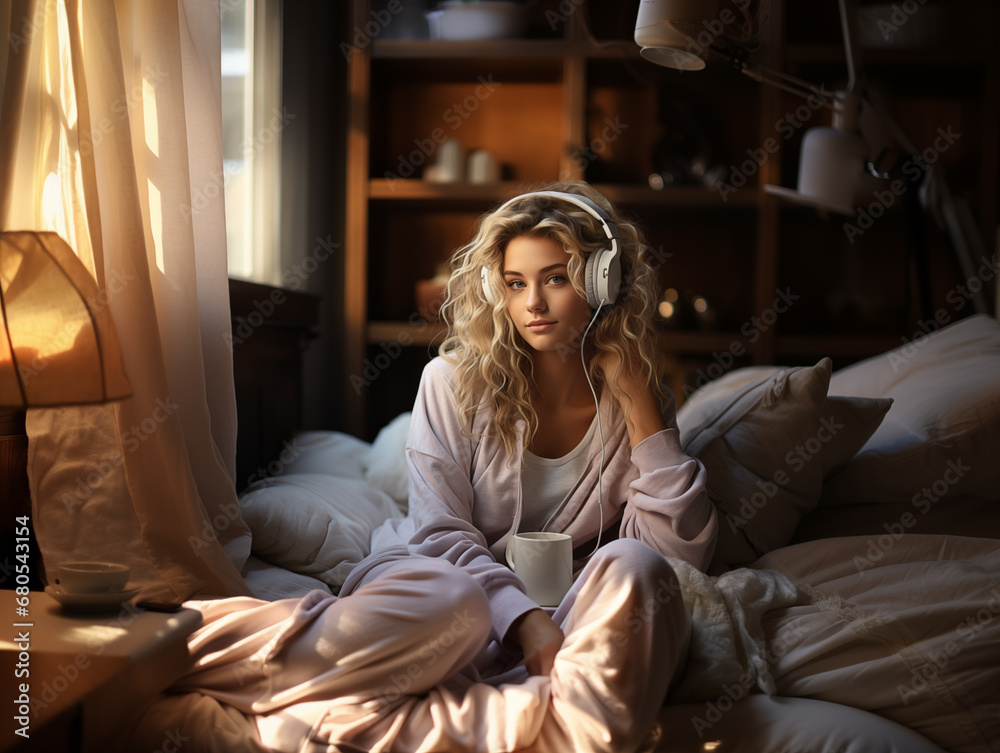 Obraz premium A pretty girl wearing headphones in a cozy home environment relaxes to the music. Cover screensaver for playlistю.
