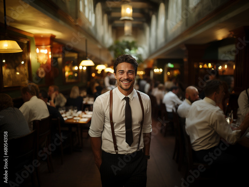 A friendly guy waiter greets guests with a smile in a restaurant