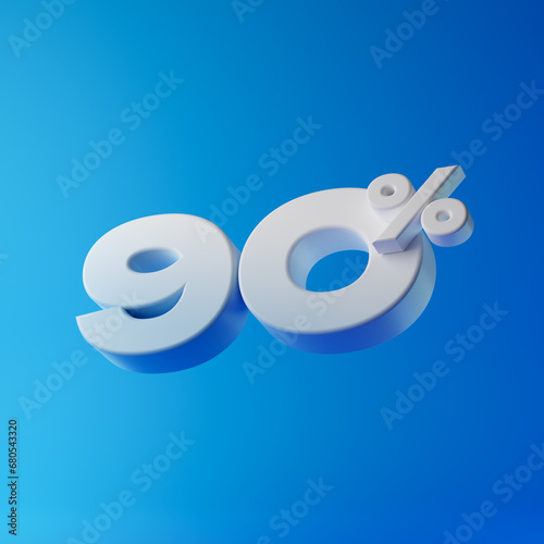 White ninety percent or 90 % isolated over blue background. 3D rendering.