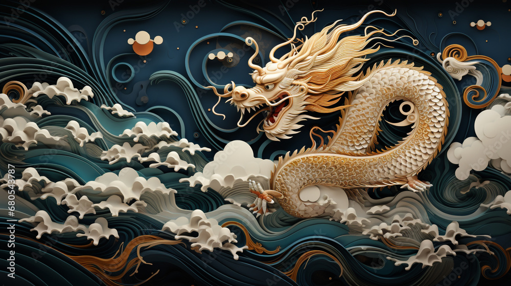 Chinese style traditional dragon illustration flying through the clouds. This dragon is famous in Chinese folklore and culture. - obrazy, fototapety, plakaty 