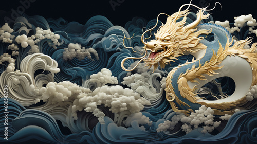 Chinese style traditional dragon illustration flying through the clouds. This dragon is famous in Chinese folklore and culture. © Aisyaqilumar